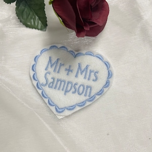 Personalized Wedding Dress Patch/ Embroidered/Felt Heart/ Something Blue/ Iron on/ Sew on Mr + Mrs