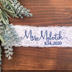 Personalized / Monogrammed Embroidered Wedding /Toss Garters.  Mrs. Garter w/ Date Something Blue! Ships Fast!