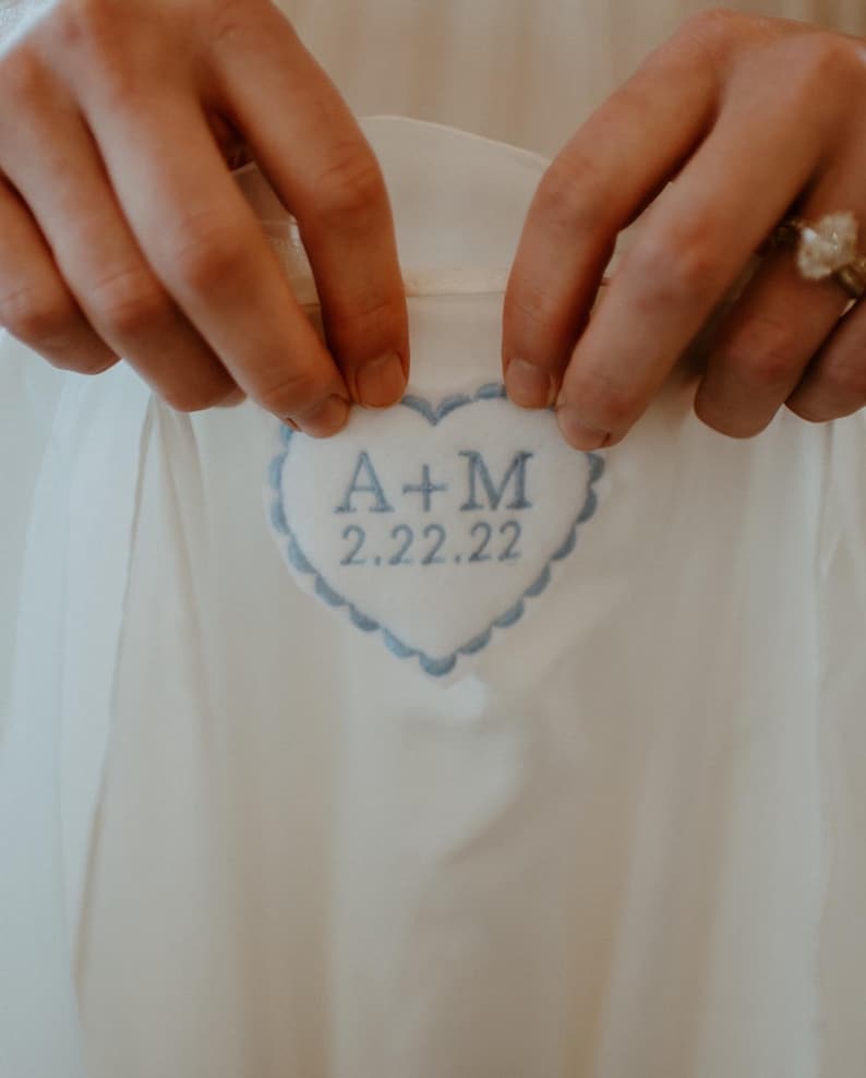 Personalized Wedding Dress Patch/ Embroidered/Felt Heart/ Something Blue/ Iron on/ Sew on/ Tie Patch image 1