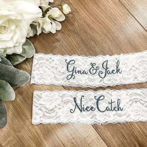 Personalized Bride and Groom Embroidered WHITE Wedding and Toss Garters.  Something Blue! Nice Catch Garter/ You're Next /
