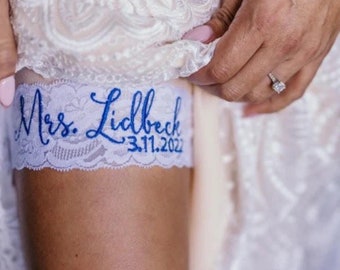Personalized / Monogrammed Embroidered Wedding /Toss Garters.  Mrs. Garter w/ Date Something Blue! Ships Fast!