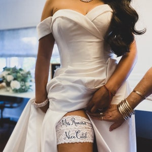 Personalized / Monogrammed Embroidered WHITE  Lace Wedding and Toss Garters.  Something Blue! Nice Catch Garter / You're Next!