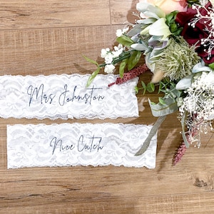 Personalized / Monogrammed Embroidered WHITE  Lace Wedding and Toss Garters.  Something Blue! Nice Catch Garter / You're Next! Minimalist