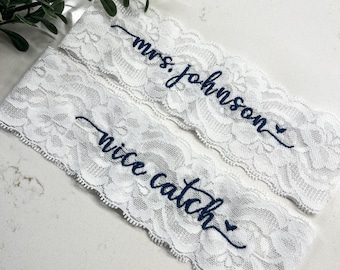 Personalized / Monogrammed Embroidered WHITE  Lace Wedding and Toss Garters.  Heart. Something Blue! Nice Catch Garter / You're Next!