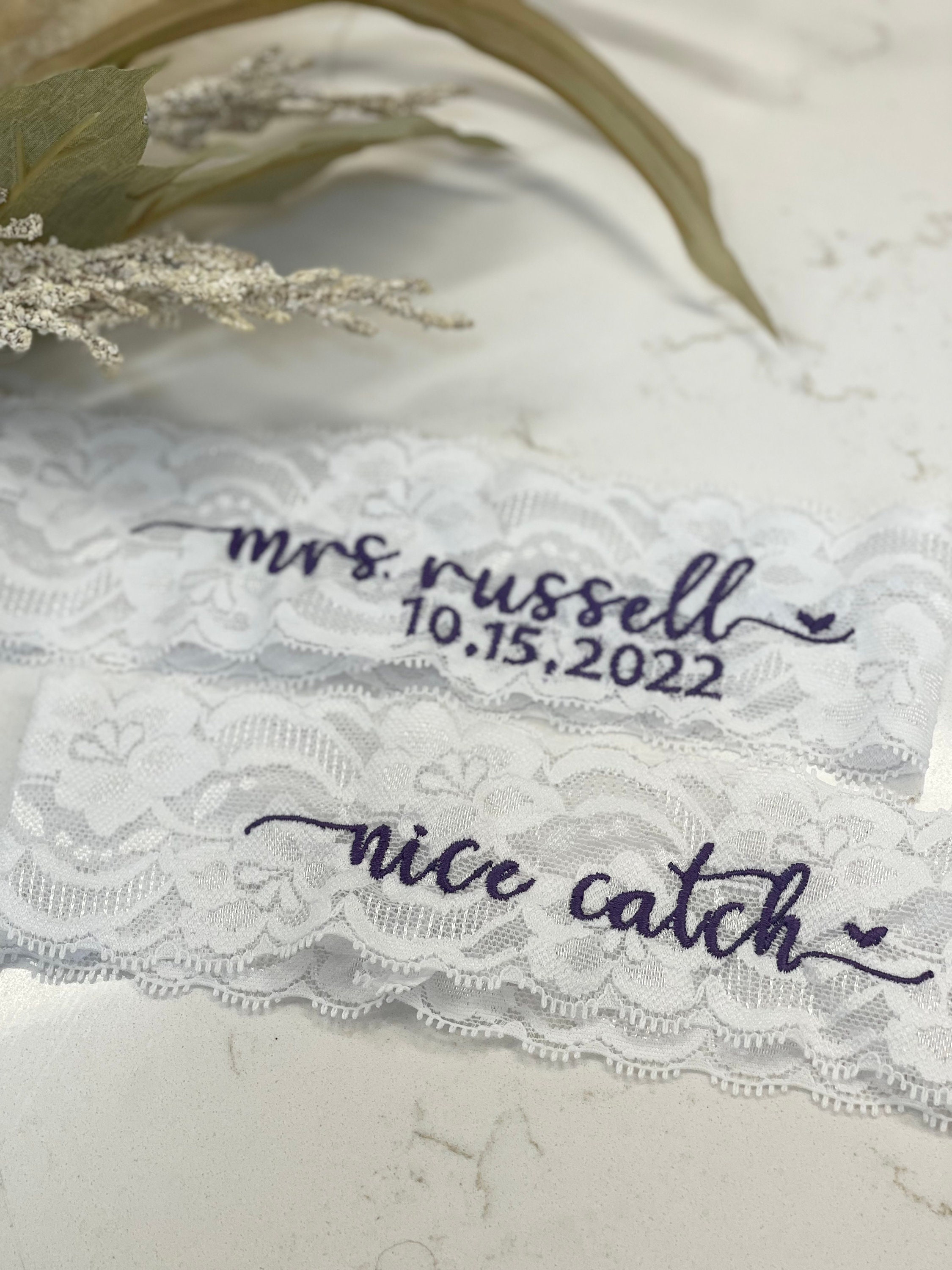 Personalized / Monogrammed Embroidered WHITE Lace Wedding and Toss Garters.  Heart. Something Blue! Nice Catch Garter / You're Next! - Etsy