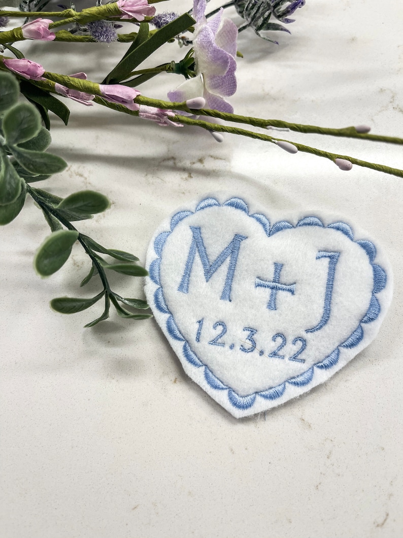 Personalized Wedding Dress Patch/ Embroidered/Felt Heart/ Something Blue/ Iron on/ Sew on/ Tie Patch image 2