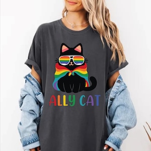 LGBT Ally Cat Comfort Colors Shirt, Retro Rainbow Colors Cat Ally Shirt, Cat Pride Shirt, Funny Pride Shirt, LGBTQ Shirt