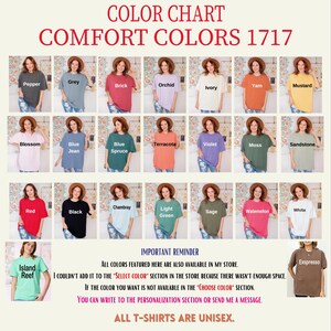 The image is a color chart displaying various comfort colors, including Pepper, Gray, Orange, Yellow, Mustard, and more. The chart is organized into sections for each color, and there is a reminder that all colors featured are available in the store. The image also includes a note about the personalization section and the option to send a message for selecting a specific color.