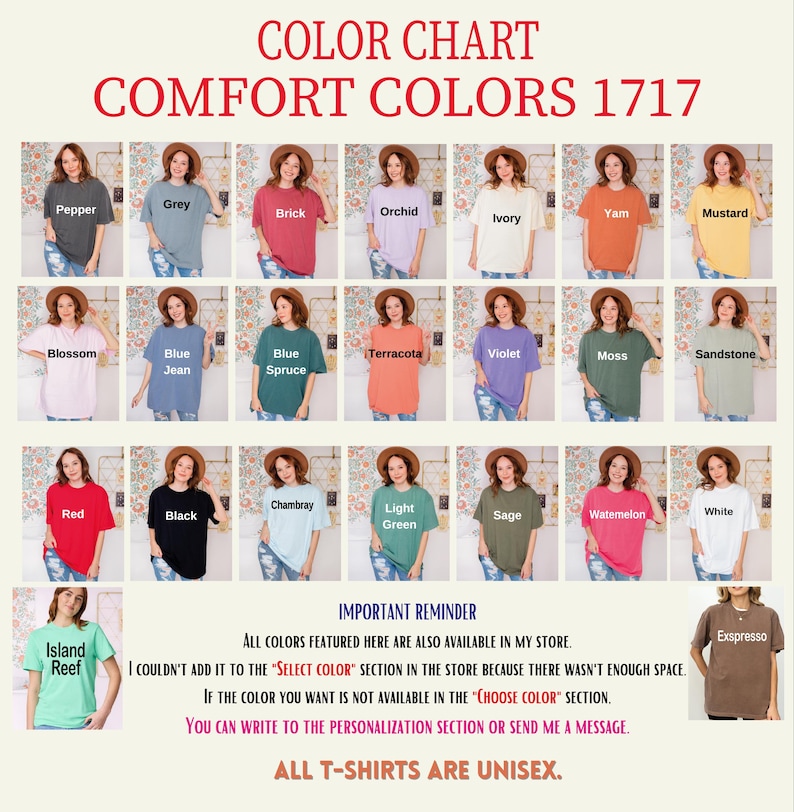 The image is a color chart displaying various comfort colors, including Pepper, Gray, Orange, Yellow, Mustard, and more. The chart is organized into sections for each color, and there is a reminder that all colors featured are available in the store. The image also includes a note about the personalization section and the option to send a message for selecting a specific color.