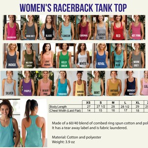 The image is a collage of various women's tank tops in different colors and styles, along with a table providing size and color information for each tank top.