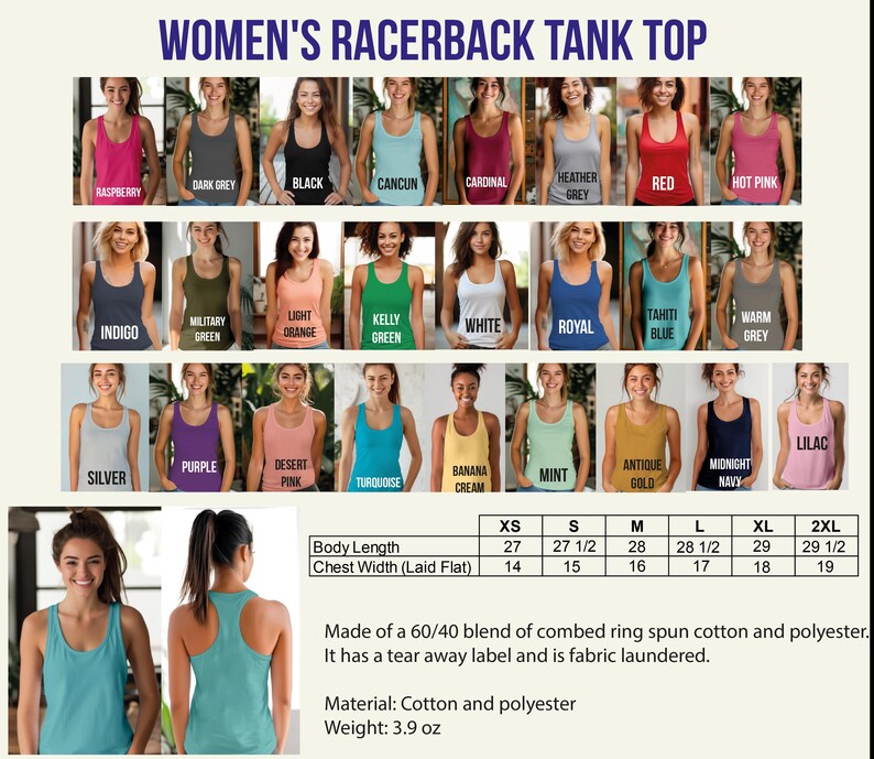 The image is a collage of various women's tank tops in different colors and styles, along with a table providing size and color information for each tank top.