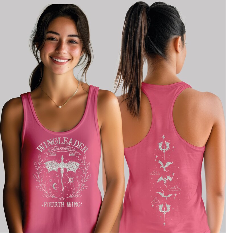 A woman wearing a pink tank top with a dragon design and text on it.