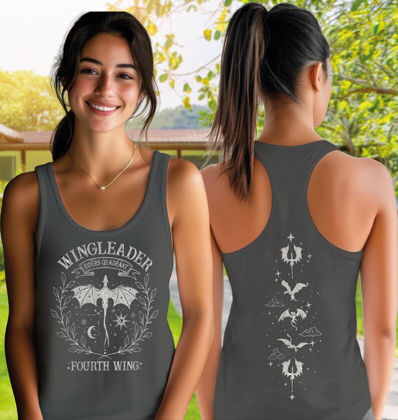 A woman wearing a gray tank top with a graphic design on the front and back.