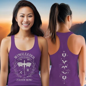 A woman wearing a purple tank top with a dragon design and the text "WINGLEADER" printed on it.