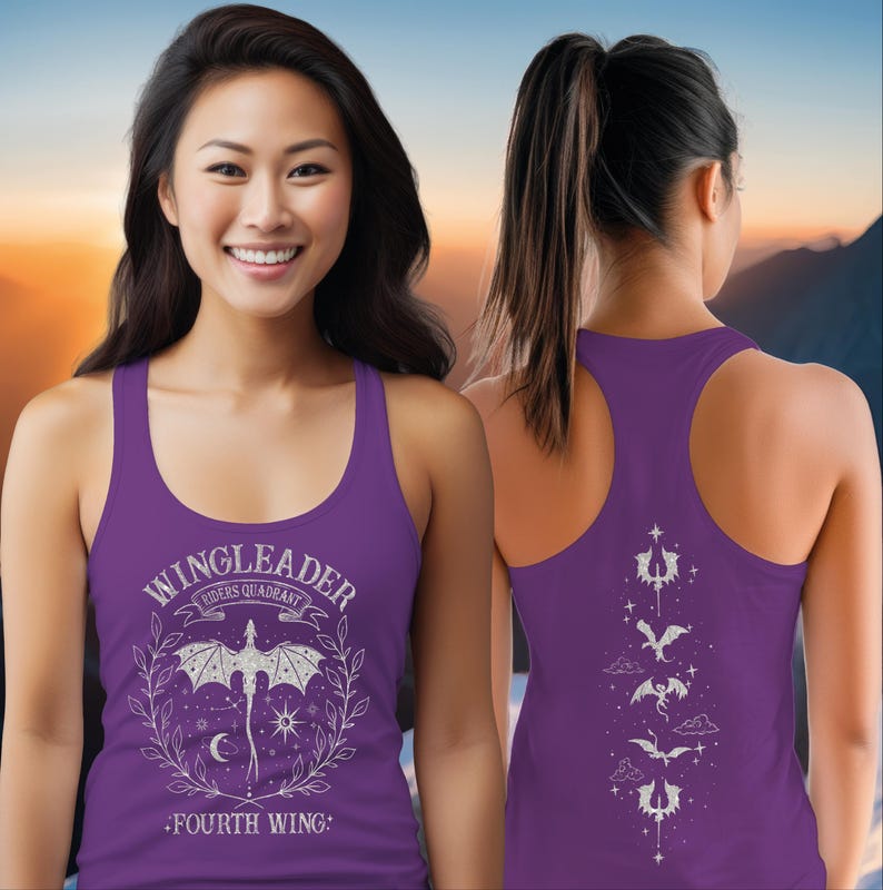 A woman wearing a purple tank top with a dragon design and the text "WINGLEADER" printed on it.