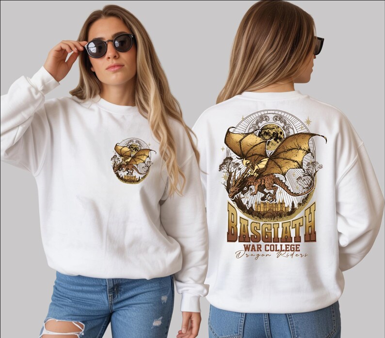 A woman wearing a white sweater with a graphic design of a dragon on the back.
