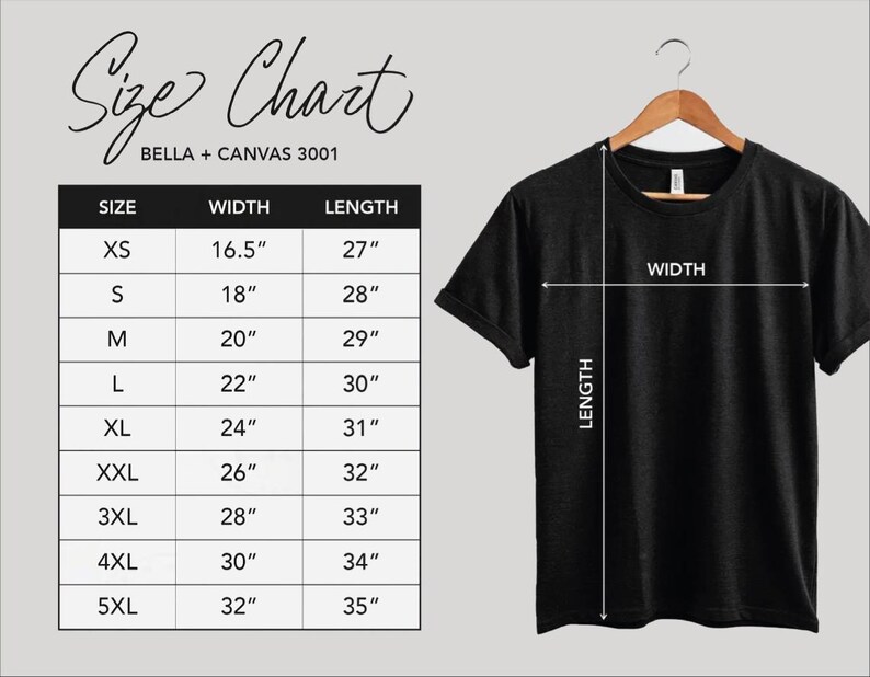 a black t-shirt with a size chart and measurements for different sizes, including "XS", "S", "M", "L", "XL", "XXL", and "XL". The chart provides the width and length for each size, allowing customers to choose the appropriate size based on their measurements.