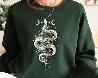 Snake Sweatshirt, Floral Snake Hoodie, Snake Lover Sweater, Snake Sweatshirt, Moon Snake Shirt, Aesthetic Reptile Clothing,Animal Tee