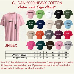 The image is a color and size chart for a GILDA 5000 Heavy Cotton t-shirt. It includes a variety of colors and sizes, along with a list of available colors and sizes. The chart provides a visual representation of the different options for the t-shirt, allowing customers to choose the color and size that best suits their preferences.