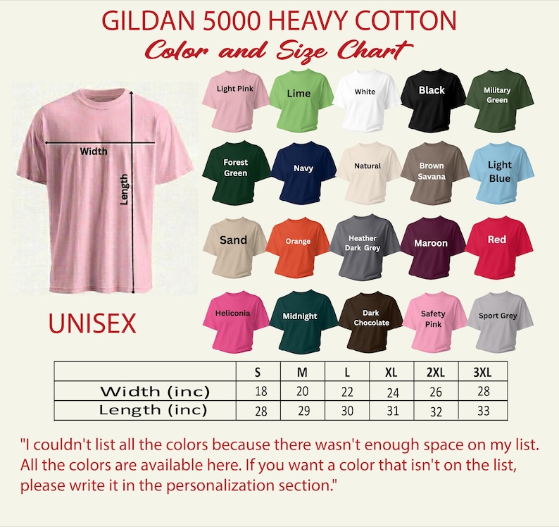 The image is a color and size chart for a GILDA 5000 Heavy Cotton t-shirt. It includes a variety of colors and sizes, along with a list of available colors and sizes. The chart provides a visual representation of the different options for the t-shirt, allowing customers to choose the color and size that best suits their preferences.