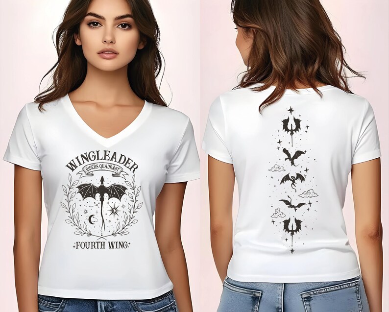 A woman wearing a white t-shirt with a graphic design featuring a dragon and the text "WINGLEADER" and "ROGERS QUADRUPLE" printed on it.