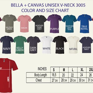 The image is a color and size chart for a collection of t-shirts, displaying various colors and sizes.