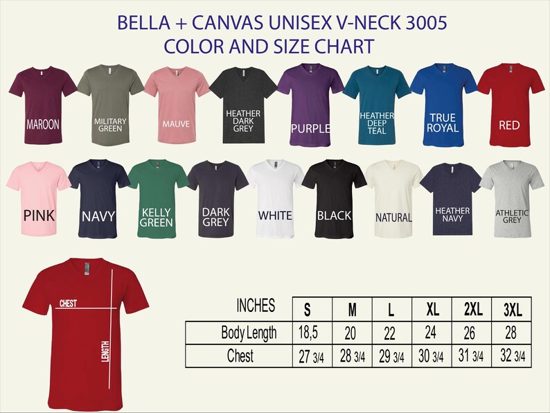 The image is a color and size chart for a collection of t-shirts, displaying various colors and sizes.