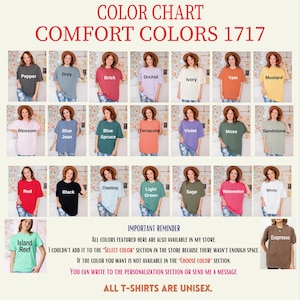 The image is a color chart displaying various comfort colors, including Pepper, Gray, Orange, Yellow, Mustard, and more. The chart is organized into sections for each color, and there is a reminder that all colors featured are available in the store. The image also includes a note about the personalization section and the option to send a message for selecting a specific color.