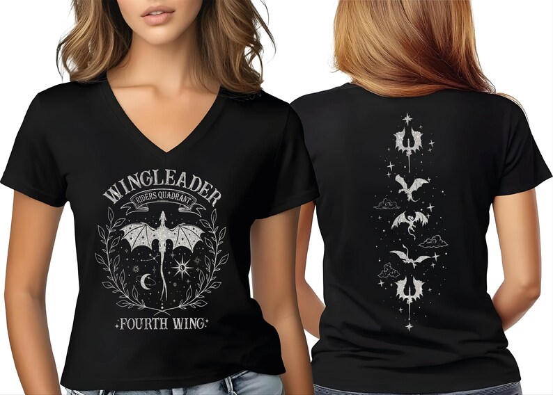 A woman wearing a black t-shirt with a graphic design featuring a bat and the text "WINGLEADER" and "FOURTH WING!" printed on it.