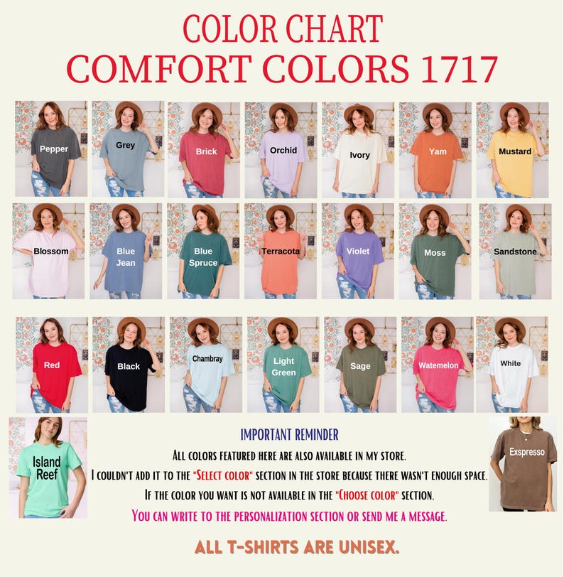 The image is a color chart displaying various comfort colors, including Pepper, Gray, Orange, Yellow, Mustard, and more. The chart is organized into sections for each color, and there is a reminder that all colors featured are available in the store. The image also includes a note about the personalization section and the option to send a message for selecting a specific color.