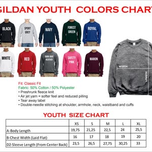 The image is a colorful youth colors chart and a youth size chart, both providing information about the sizes and colors of various clothing items.