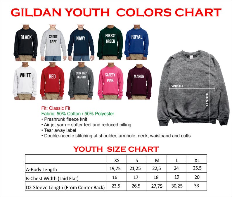 The image is a colorful youth colors chart and a youth size chart, both providing information about the sizes and colors of various clothing items.