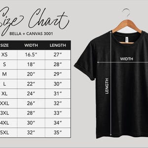 a black t-shirt with a size chart and measurements for different sizes, including "XS", "S", "M", "L", "XL", "XXL", and "XL". The chart provides the width and length for each size, allowing customers to choose the appropriate size based on their measurements.