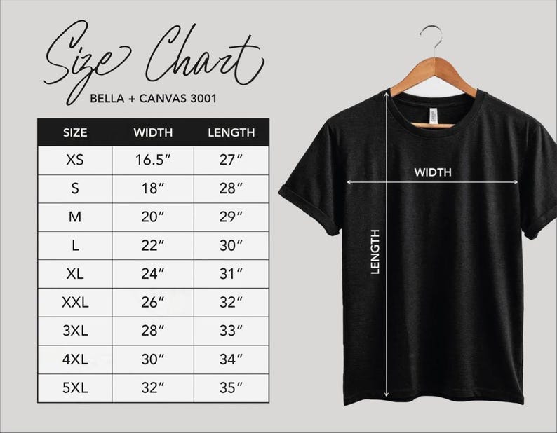 a black t-shirt with a size chart and measurements for different sizes, including "XS", "S", "M", "L", "XL", "XXL", and "XL". The chart provides the width and length for each size, allowing customers to choose the appropriate size based on their measurements.