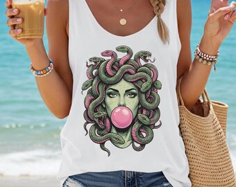 Bubblegum Medusa V-Neck, Pop Art Greek Mythology Shirt, Edgy Alt Racerback Tank Top