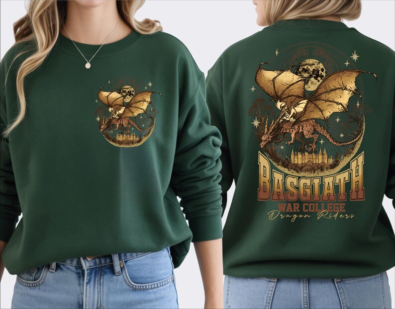 a woman wearing a green sweater with a dragon design and text on the back.