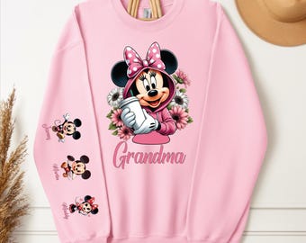 Personalized Sleeve Printed Minnie Grandma Mouse Sweater,Custom Kids Names Grandma Hoodie