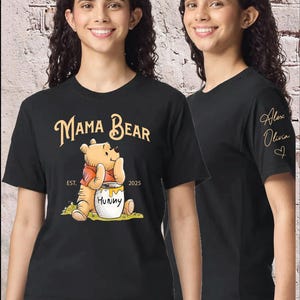Personalized Mama Grandma Gigi Nana Pooh Bear Comfort Colors Shirt, Winnie The Pooh Mama Shirt, Sleeve Print Mom T Shirt, Custom Mama Shirt