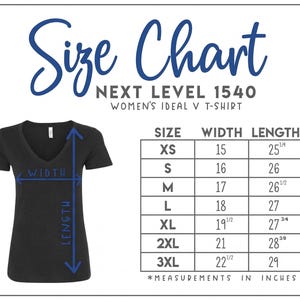 The image is a size chart for a women's ideal v-shirt, showing the measurements for different sizes.