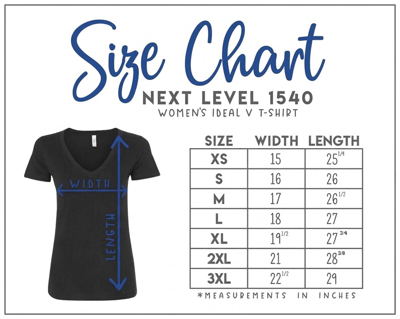 The image is a size chart for a women's ideal v-shirt, showing the measurements for different sizes.