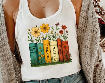 8647 Floral Book V-Neck Tee, Foxtrot Delta Tango Racerback Tank Top, Subtle Political Top