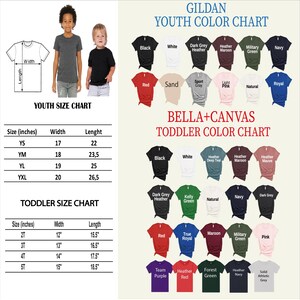 The image is a colorful youth size chart and toddler size chart, providing sizes and color options for various clothing items such as t-shirts, t-shirts, and hoodies.