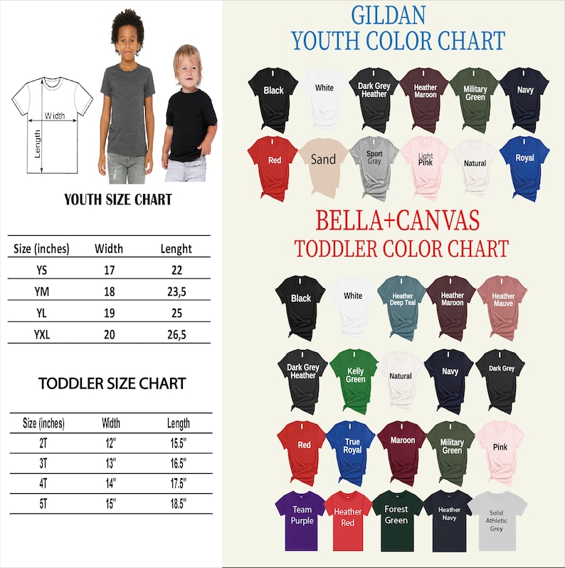 The image is a colorful youth size chart and toddler size chart, providing sizes and color options for various clothing items such as t-shirts, t-shirts, and hoodies.