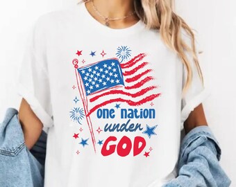One Nation Under God Shirt, 4th Of July Patriotic Graphic Tee, Christian USA