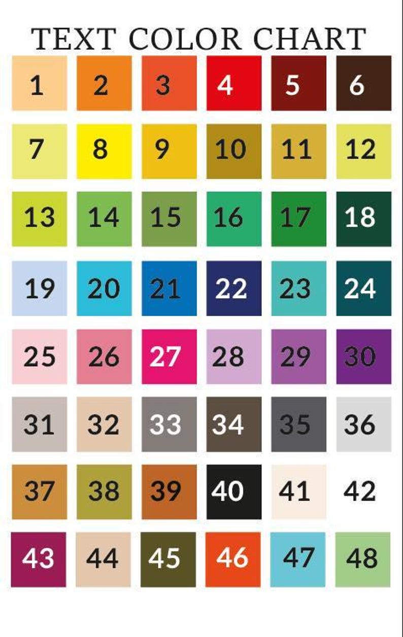 The image is a color chart that displays various color combinations and their corresponding numbers.