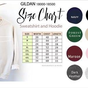 a size chart for a GILAN 18800-18500 sweatshirt and hoodie, along with various color options and measurements.