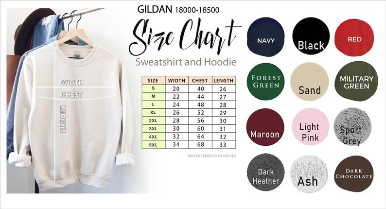 a size chart for a GILAN 18800-18500 sweatshirt and hoodie, along with various color options and measurements.