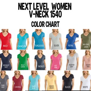 The image is a color chart featuring various women's v-neck t-shirt designs in different colors.