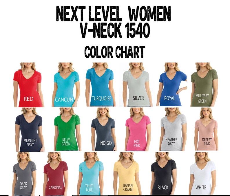 The image is a color chart featuring various women's v-neck t-shirt designs in different colors.
