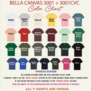 a color chart for various t-shirt colors, including white, athletic grey, natural, malaise yellow, pink, heather teal, peach, red, maroon, mint, forest green, dark grey, navy, true royal, heather, berry, black, and navy.